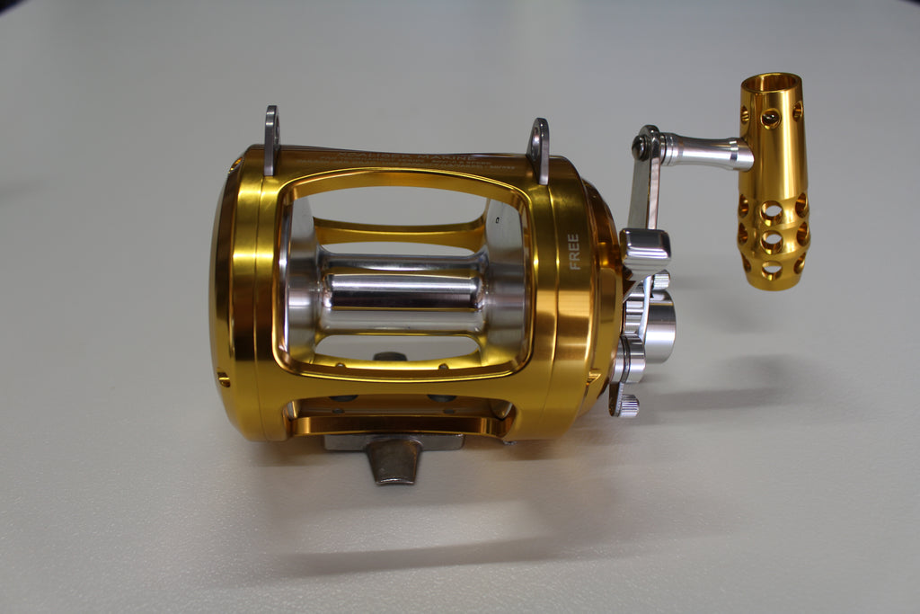 Pro Tournament Trolling Reel 2 Speed Lever Drag (30W and 50W)THIS IS OUR PRO TOURNAMENT SERIES 2 SPEED LEVER DRAG TROLLING REEL (30W and 50W)
Two Speed Gearbox
Gear Ratio 3.6:1/1.3:1
CARBON AXR DRAG SYSTEM
4 Stainless Steel Basaltwater reelXcaliber marine incXcaliber marine inc